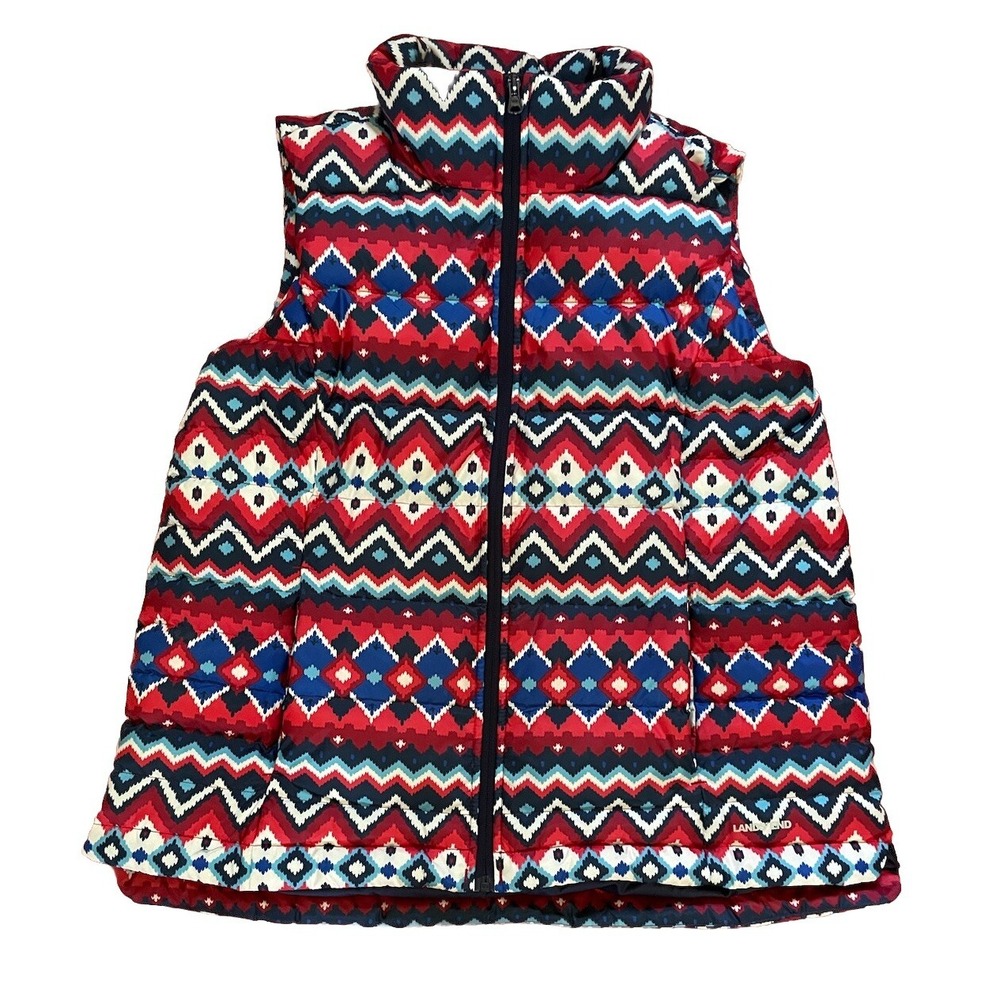 Lands' End Womens Vest Sz XL Quilted Full Zip Southwestern Print Red White Blue‎